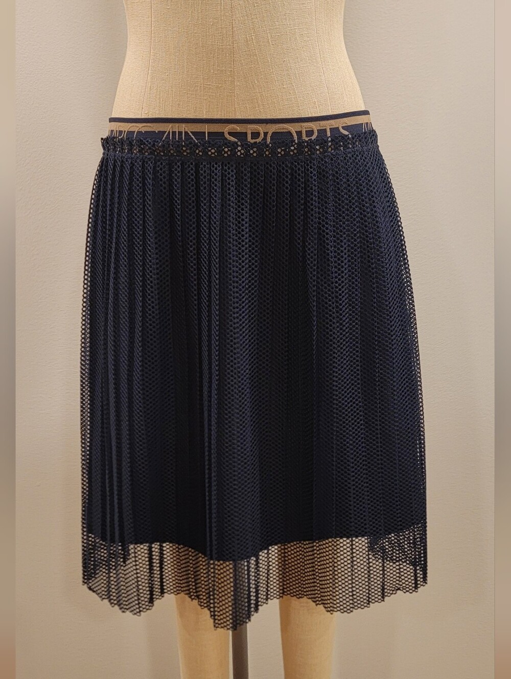 Marc Cain Navy Pleated Mesh Midi Skirt